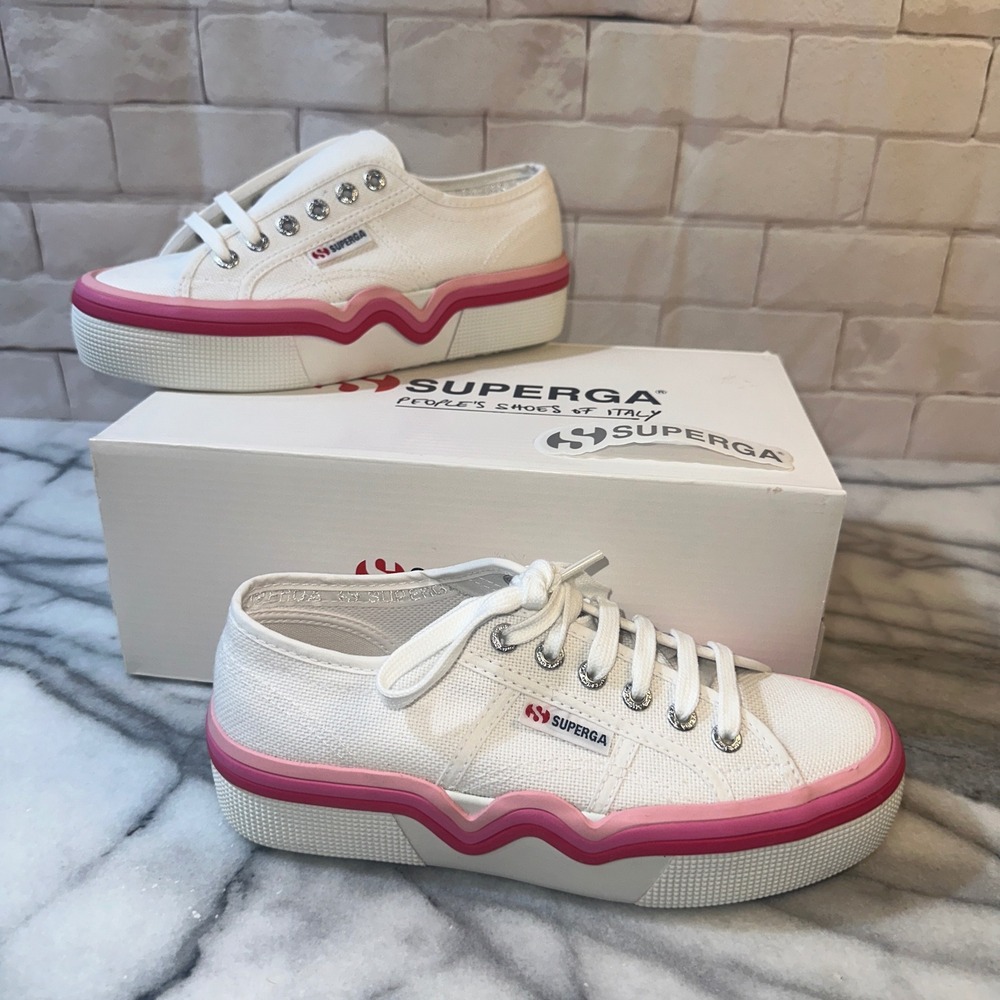 Superga 2740 Liquify Stripes White Pink Platform Canvas Sneakers S4128SW Size 6